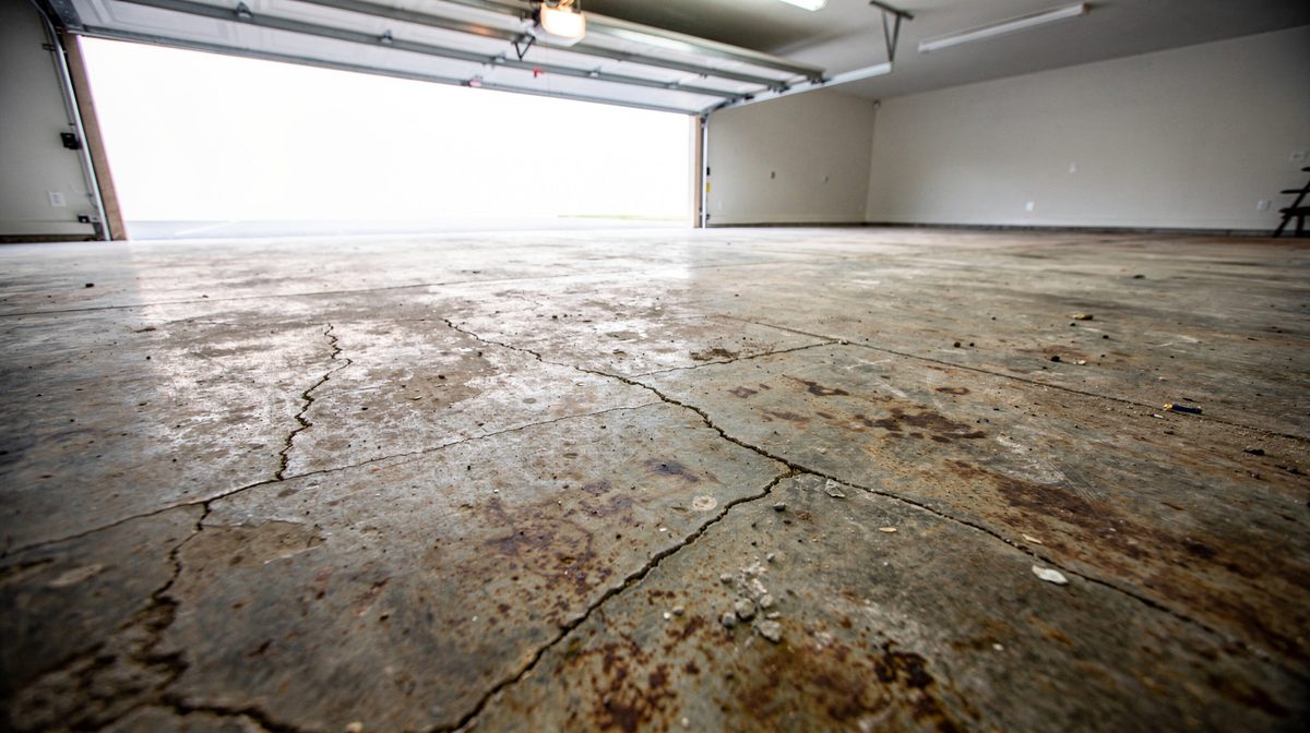 Cracked, stained garage floor before epoxy coating in Beaumont, TX